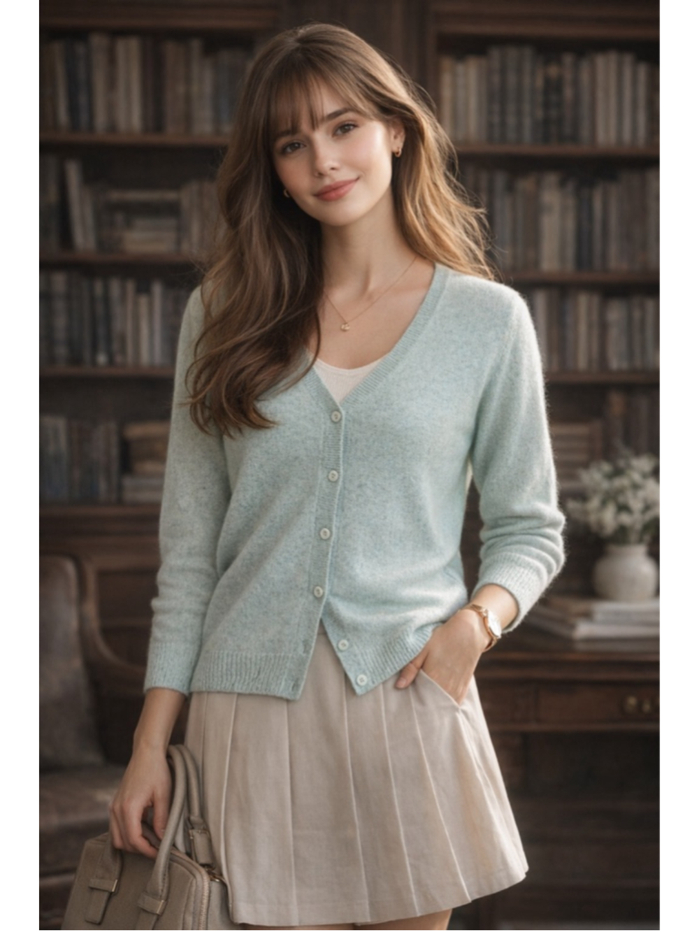 Valerie Stevens Cardigan W L 100% Cashmere 2 Ply Preppy Academia Soft Girl Mint